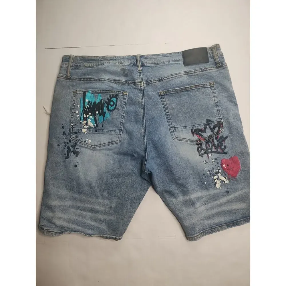 🔥 Rutherford • Distressed Graffiti Denim Slim Fit Blue Jeans Shorts • Men’s 38